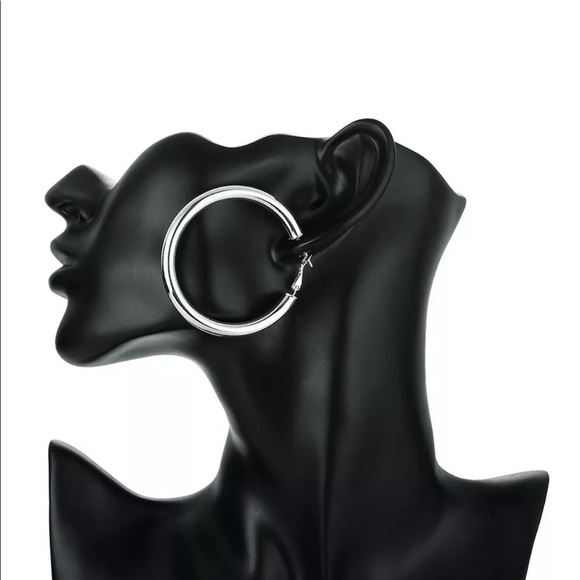 New Silver Large 50mm Round Circle Hoop Earrings - Picture 6 of 8